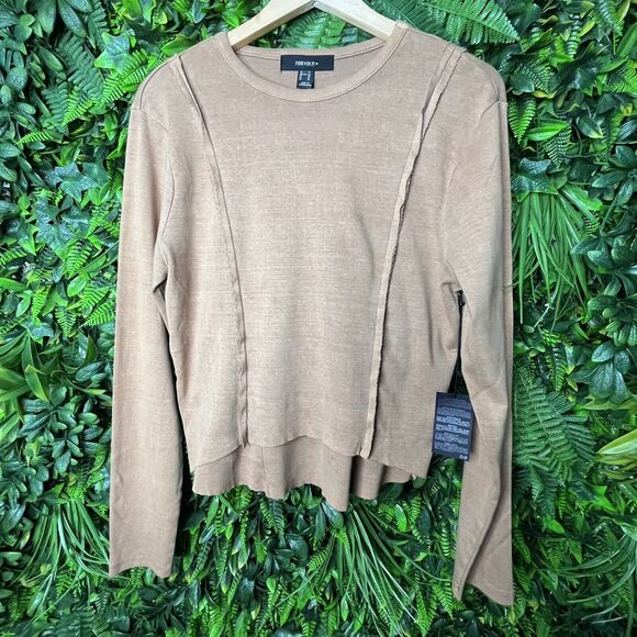 Forever 21 Tops Women XL Light Brown Cut Raw Edge High Low Blouse NWT 0298 - Picture 8 of 13